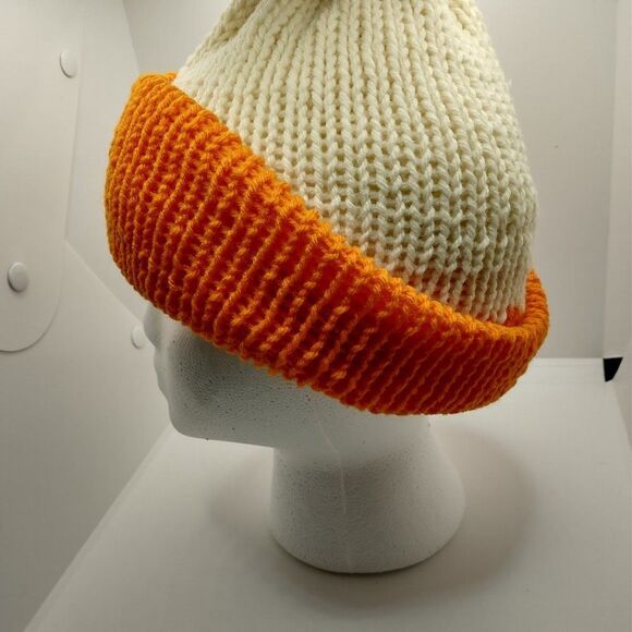 Hand Crafted Knit Unisex Hat Orange Ivory Winter Warm Beanie Slouchy Ski Cap - Picture 2 of 7
